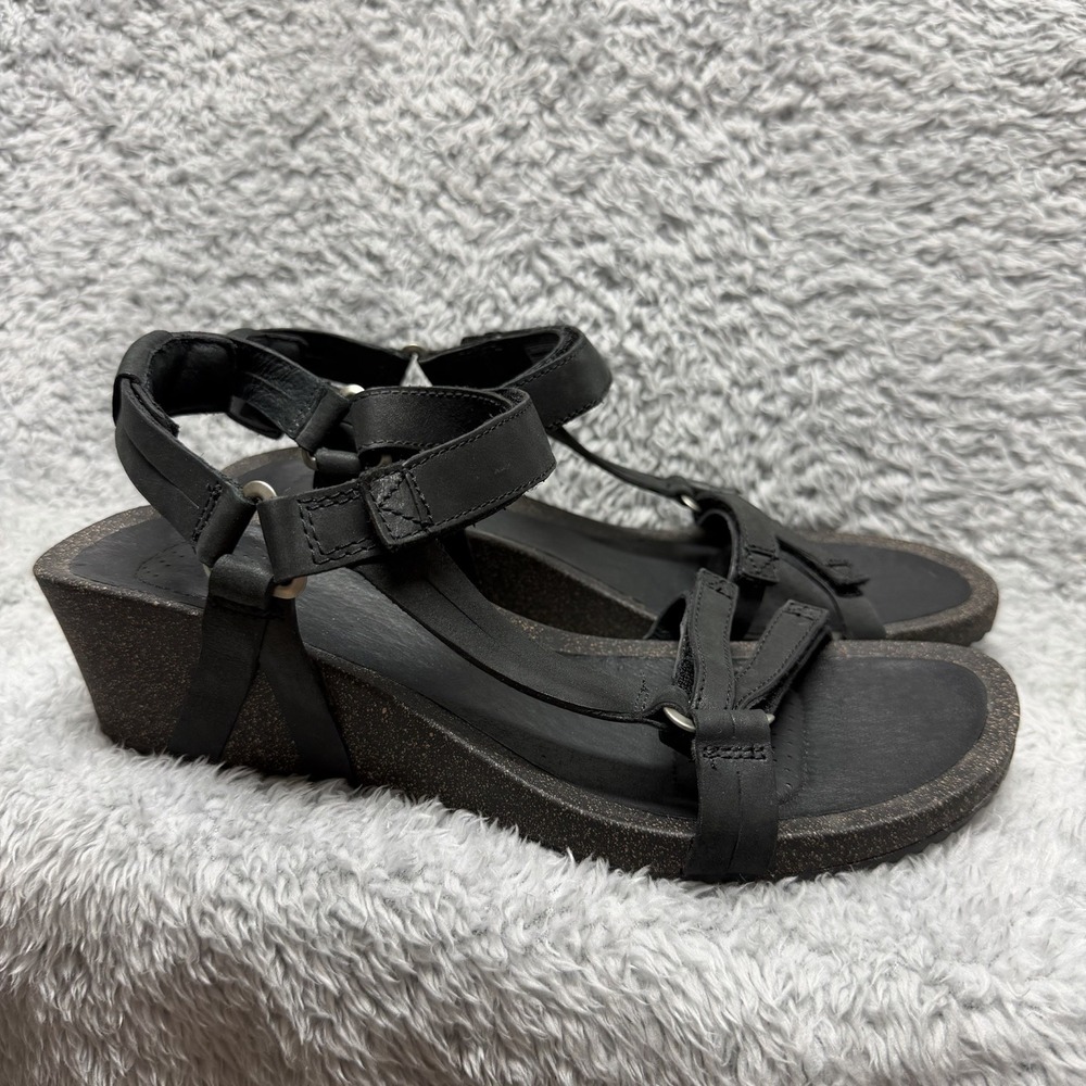 Teva Ysidro Universal Cork Wedge Sandal Womens 10 Black Leather Hook Loop